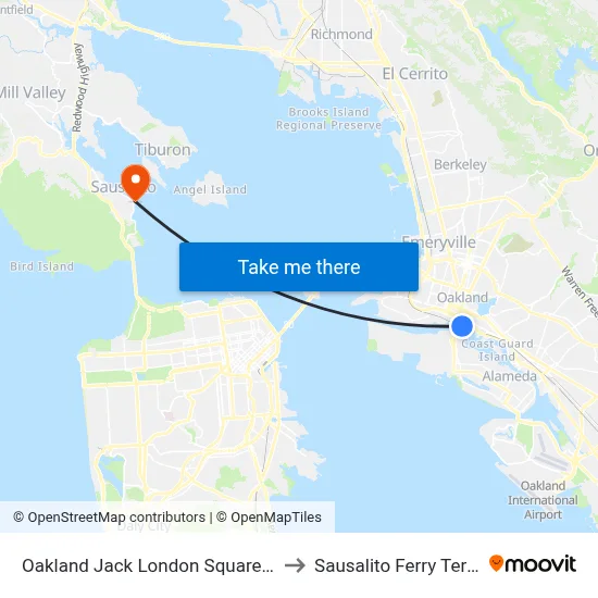 Oakland Jack London Square Station to Sausalito Ferry Terminal map