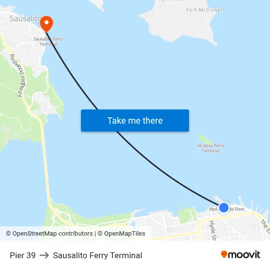 Pier 39 to Sausalito Ferry Terminal map
