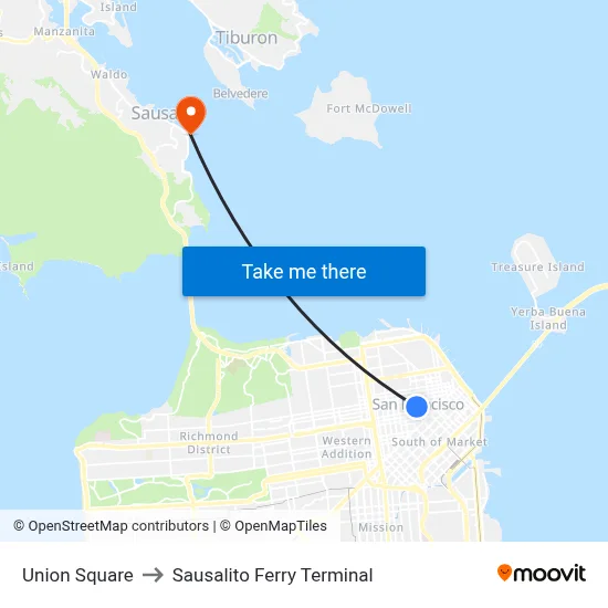 Union Square to Sausalito Ferry Terminal map