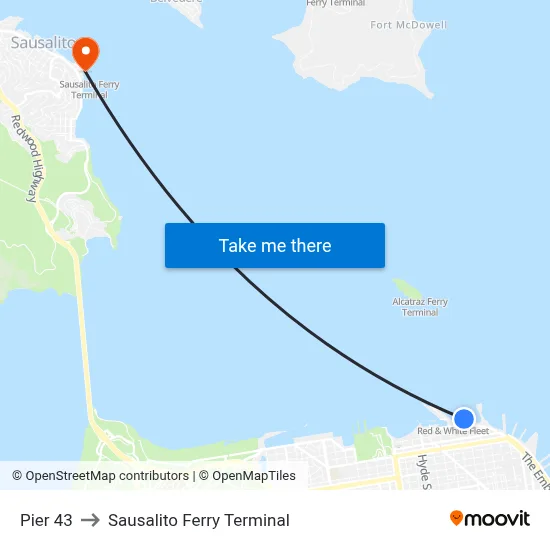 Pier 43 to Sausalito Ferry Terminal map