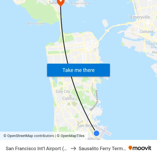 San Francisco Int'l Airport (SFO) to Sausalito Ferry Terminal map
