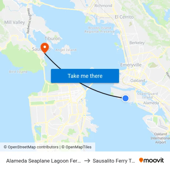 Alameda Seaplane Lagoon Ferry Terminal to Sausalito Ferry Terminal map