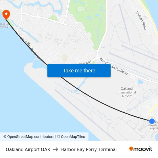 Oakland Airport OAK to Harbor Bay Ferry Terminal map