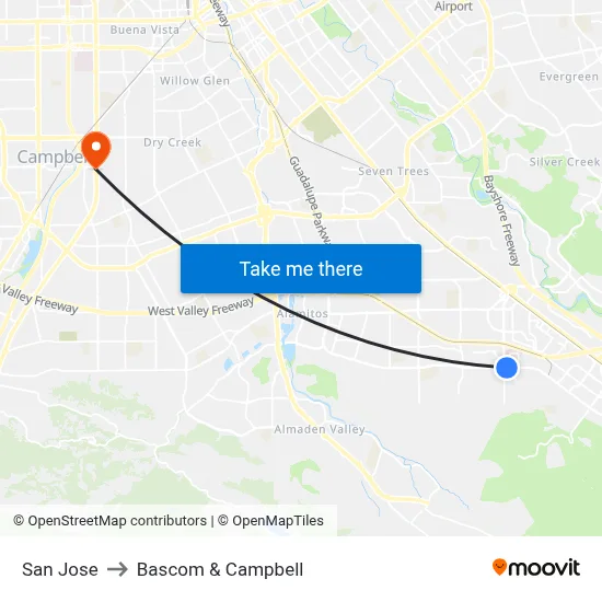 San Jose to Bascom & Campbell map