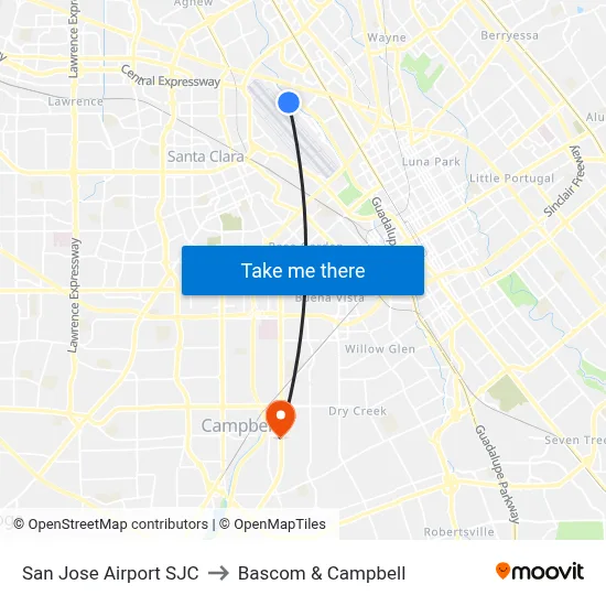 San Jose Airport SJC to Bascom & Campbell map