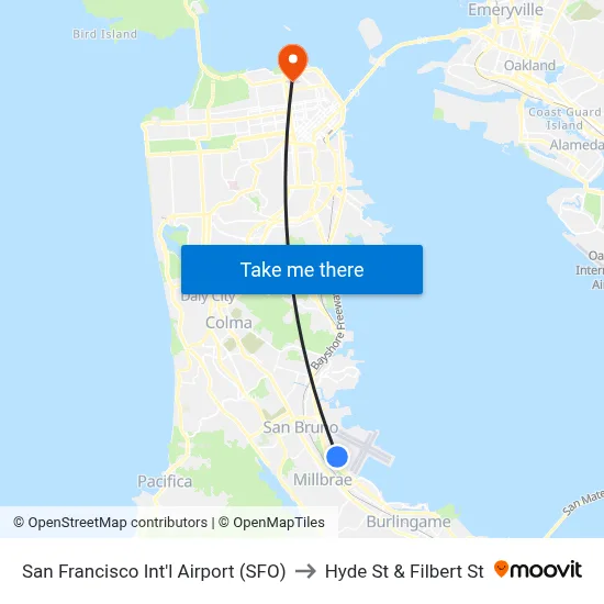 San Francisco Int'l Airport (SFO) to Hyde St & Filbert St map