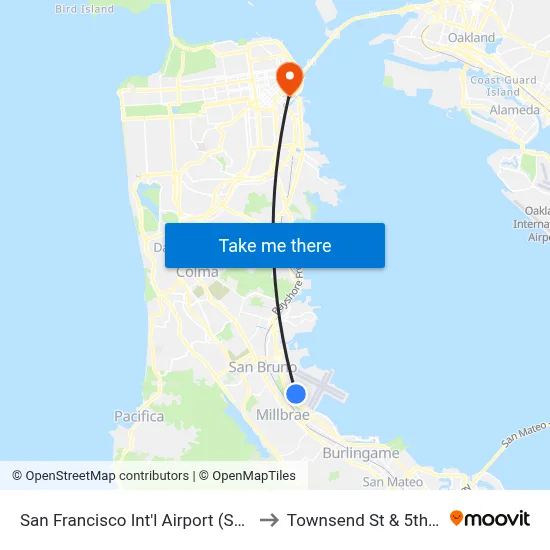 San Francisco Int'l Airport (SFO) to Townsend St & 5th St map