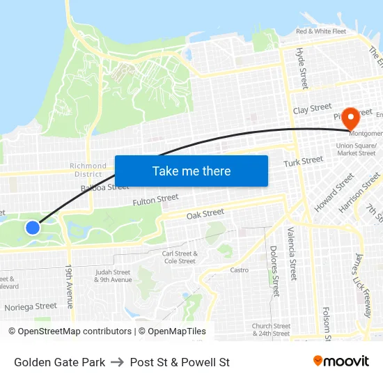 Golden Gate Park to Post St & Powell St map