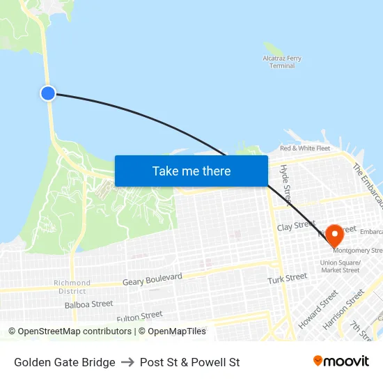 Golden Gate Bridge to Post St & Powell St map