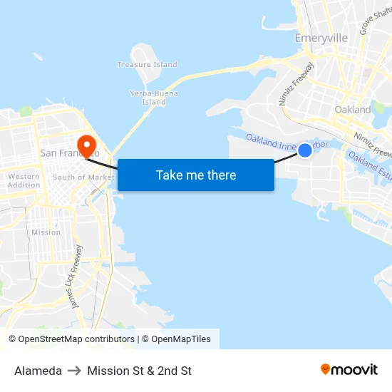 Alameda to Mission St & 2nd St map