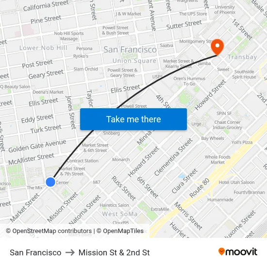 San Francisco to Mission St & 2nd St map