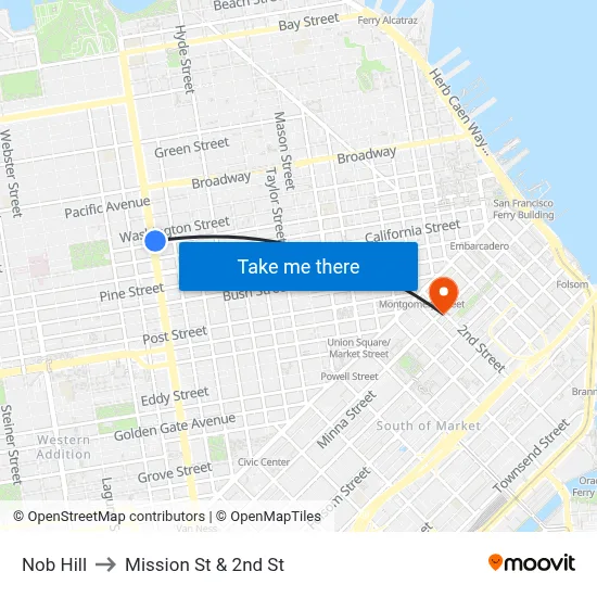 Nob Hill to Mission St & 2nd St map