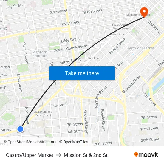 Castro/Upper Market to Mission St & 2nd St map