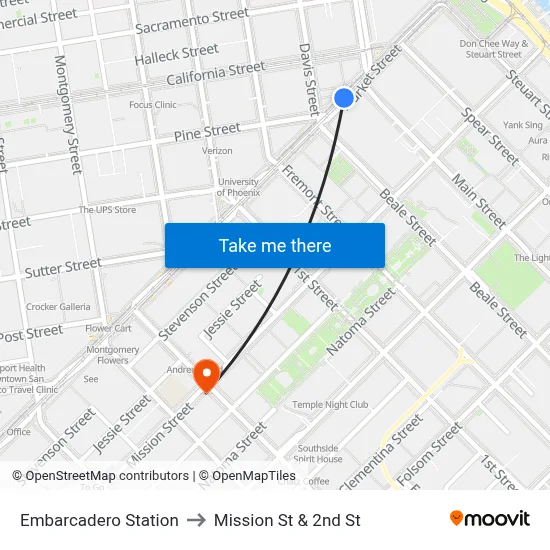 Embarcadero Station to Mission St & 2nd St map