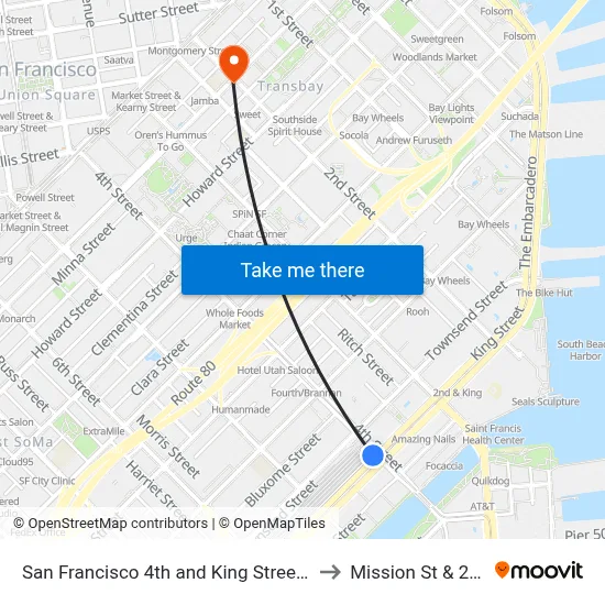 San Francisco 4th and King Street Station to Mission St & 2nd St map