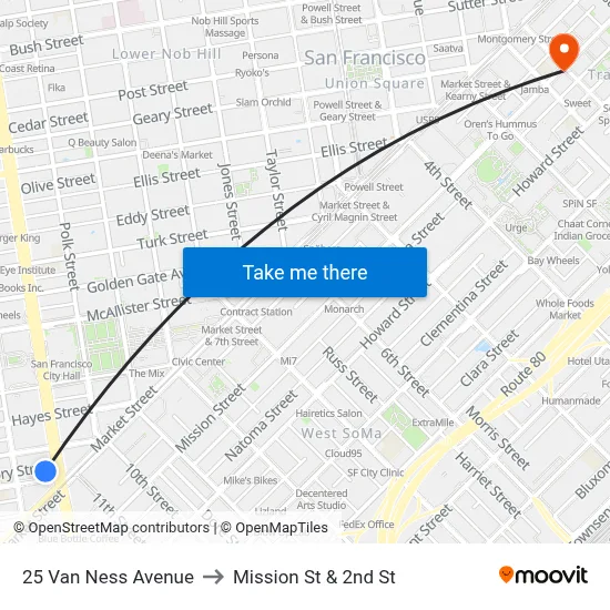 25 Van Ness Avenue to Mission St & 2nd St map