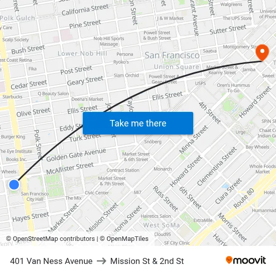 401 Van Ness Avenue to Mission St & 2nd St map