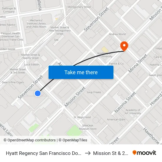 Hyatt Regency San Francisco Downtown to Mission St & 2nd St map