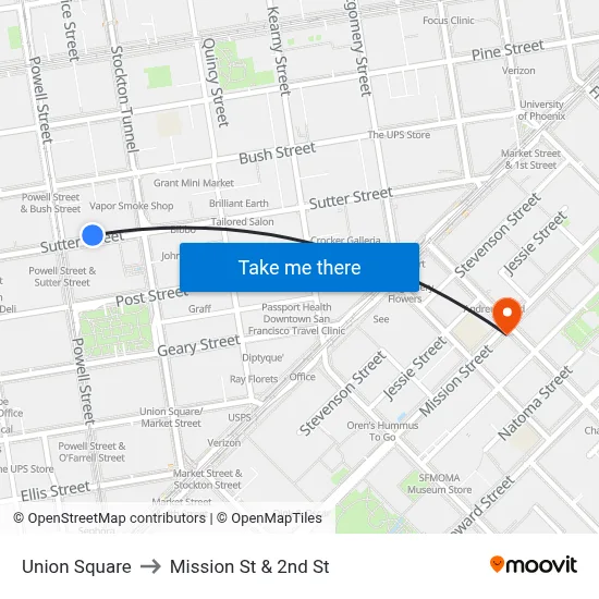 Union Square to Mission St & 2nd St map