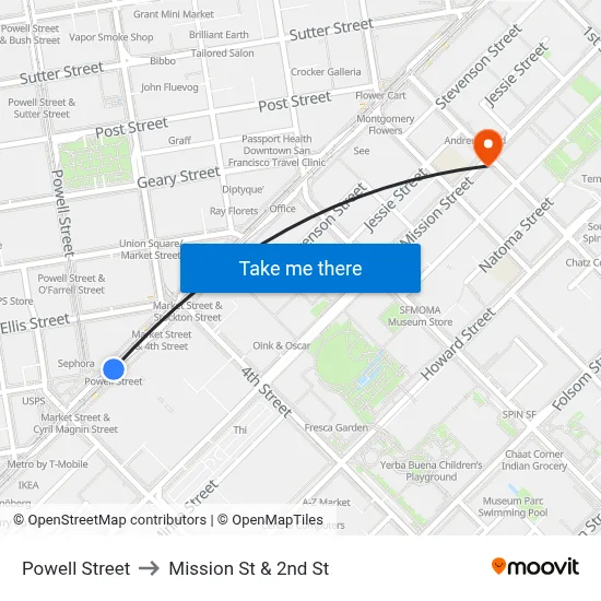 Powell Street to Mission St & 2nd St map