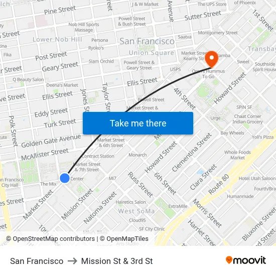 San Francisco to Mission St & 3rd St map