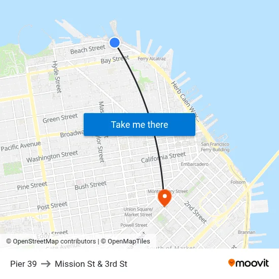 Pier 39 to Mission St & 3rd St map