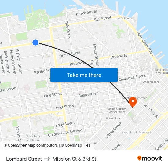 Lombard Street to Mission St & 3rd St map