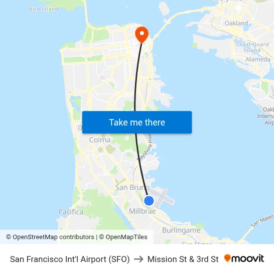 San Francisco Int'l Airport (SFO) to Mission St & 3rd St map