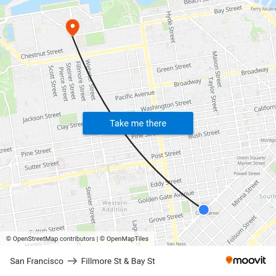 San Francisco to Fillmore St & Bay St map
