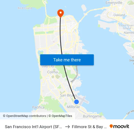 San Francisco Int'l Airport (SFO) to Fillmore St & Bay St map