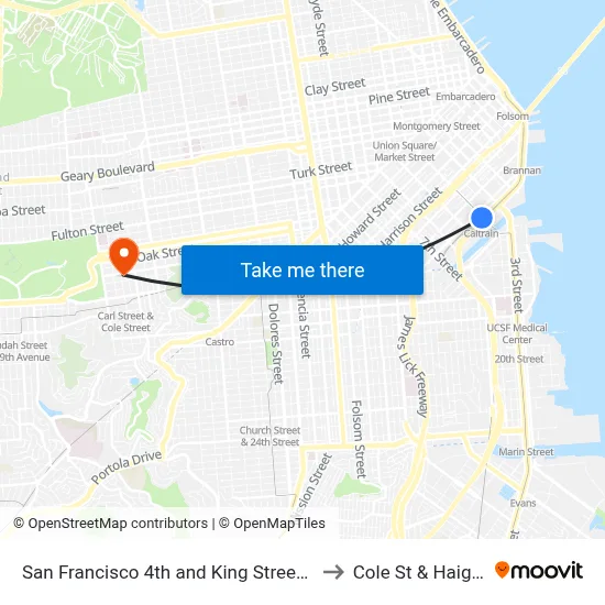 San Francisco 4th and King Street Station to Cole St & Haight St map