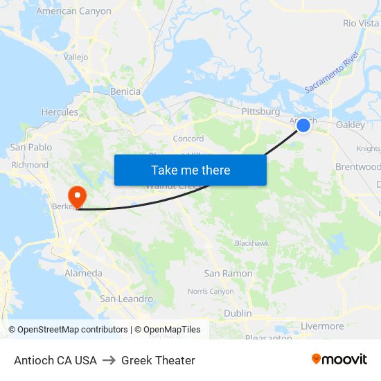 Antioch CA USA to Greek Theater map