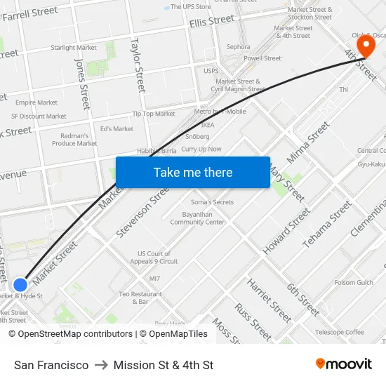 San Francisco to Mission St & 4th St map