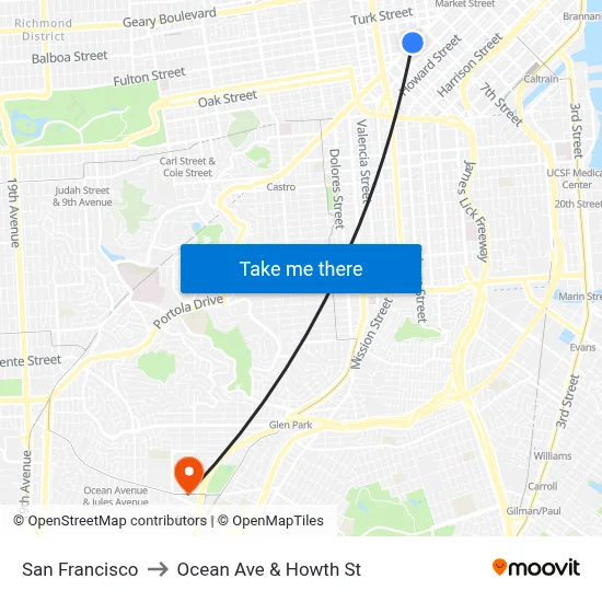San Francisco to Ocean Ave & Howth St map