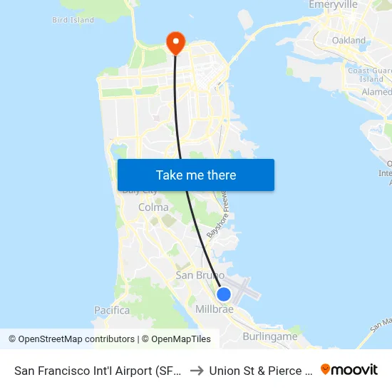 San Francisco Int'l Airport (SFO) to Union St & Pierce St map