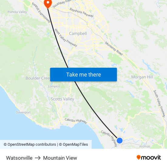 Watsonville to Mountain View map