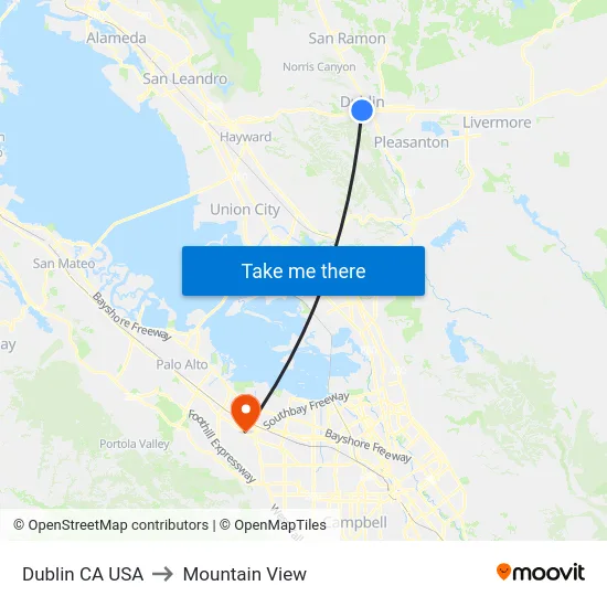 Dublin CA USA to Mountain View map