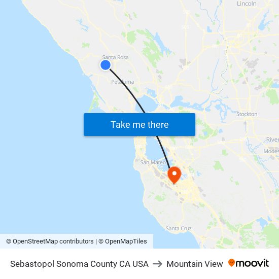 Sebastopol Sonoma County CA USA to Mountain View map