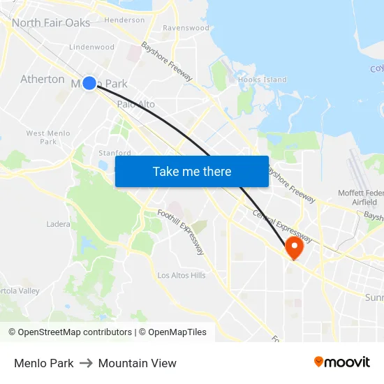 Menlo Park to Mountain View map