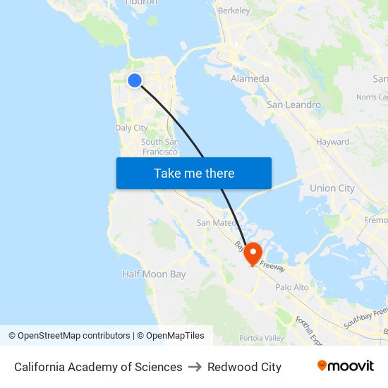 California Academy of Sciences to Redwood City map