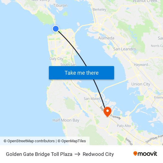 Golden Gate Bridge Toll Plaza to Redwood City map
