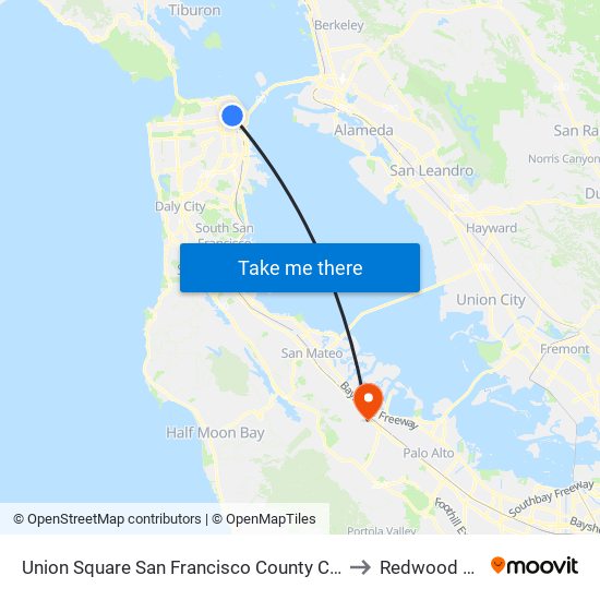 Union Square San Francisco County CA USA to Redwood City map