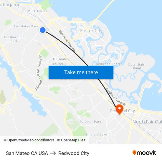 San Mateo CA USA to Redwood City map