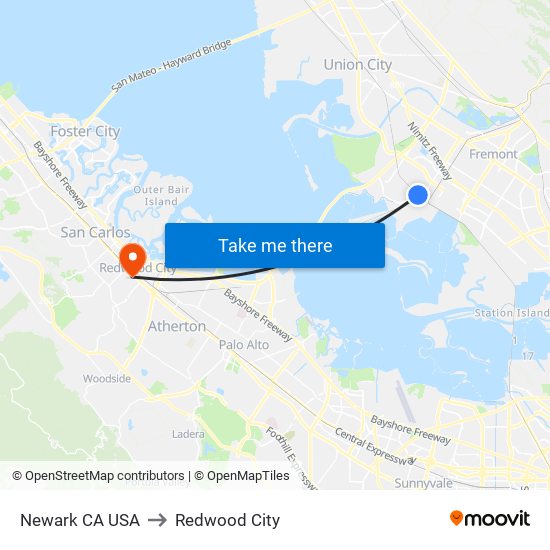 Newark CA USA to Redwood City map