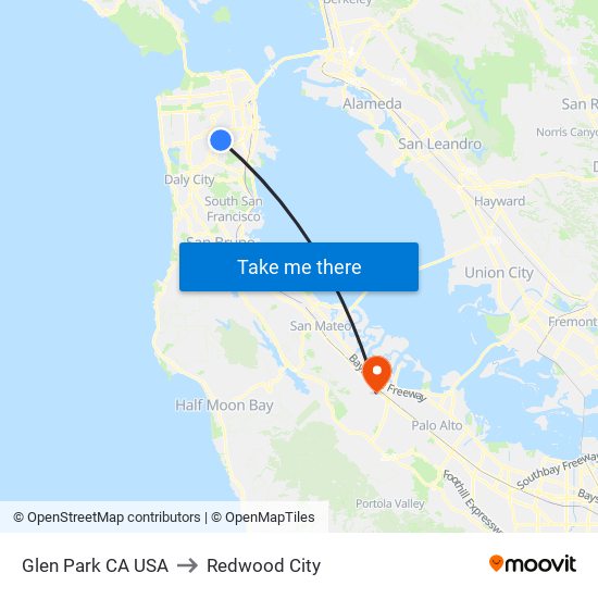 Glen Park CA USA to Redwood City map