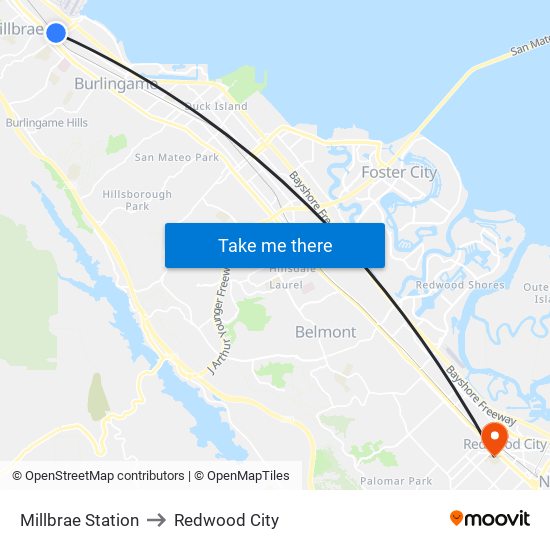 Millbrae Station to Redwood City map