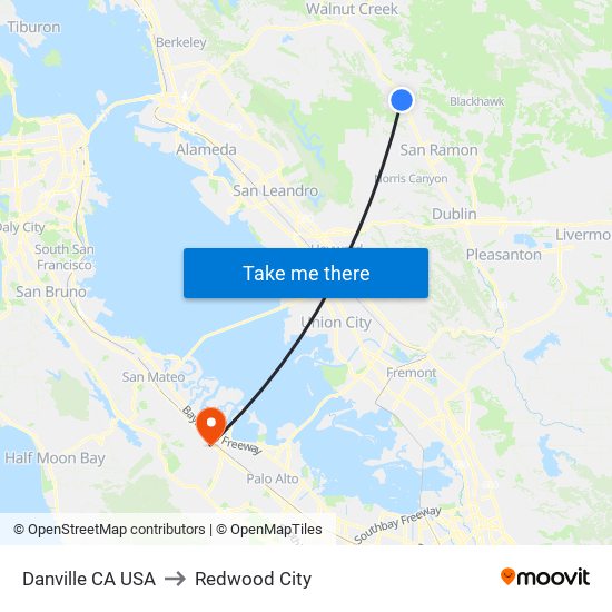 Danville CA USA to Redwood City map