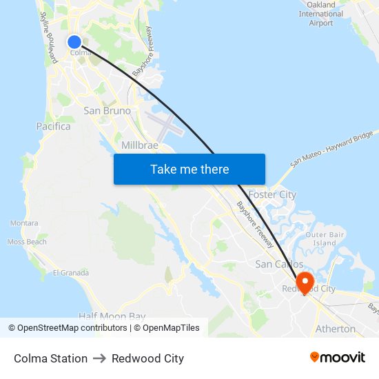 Colma Station to Redwood City map