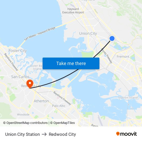 Union City Station to Redwood City map