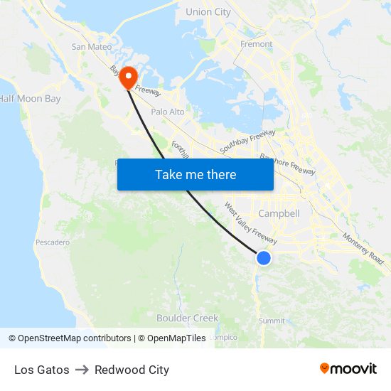 Los Gatos to Redwood City map